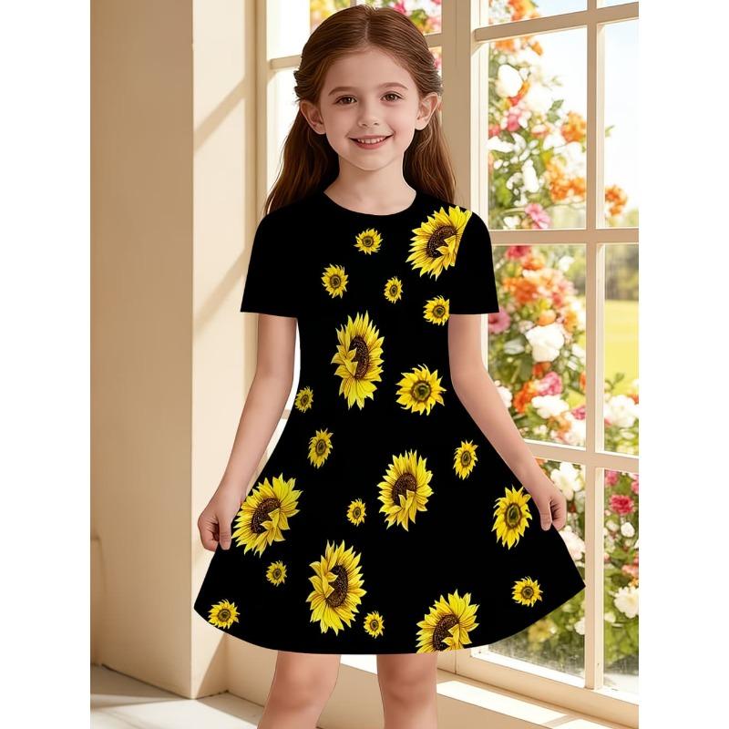 Cute and Shiny Magic Wand Princess Print Girl Casual Dress Fairy Tale Design Short Sleeved Dress Suitable for Birthday Gifts
