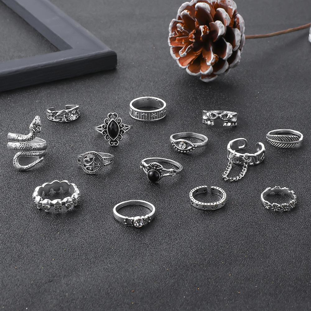 14-Piece Women's Ring Feather Flower Snake Hollow Ring Vintage Personality Accessories