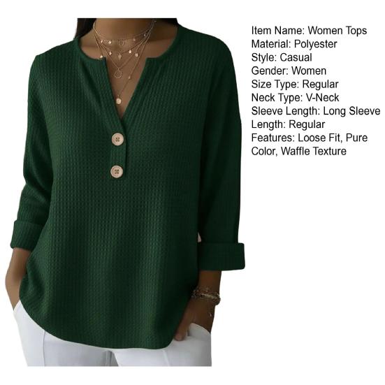 Damtoppar V-ringning Knappar Halvknäppning Långärmad Pullovertoppar Enfärgad Lös passform Våffelstruktur Mjuk Stretchig Vardagstoppar