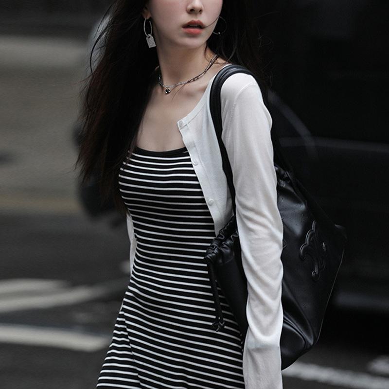 Striped Suspender Dress for Women In Summer Latest Versatile Slim Fit Slim Vest Mid-length Skirt