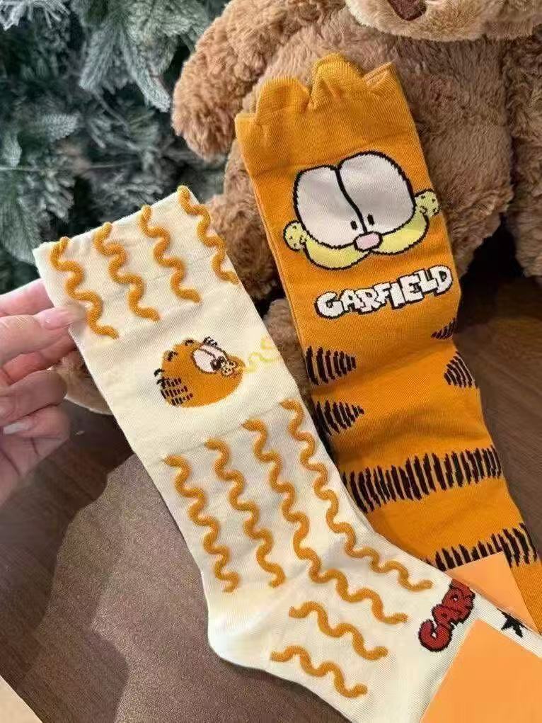 

1 ПАРА милых мультяшных носков с Гарфилдом женские носки-гольфы осенне-зимние чулки махровые носки креативный забавный дизайн One Size