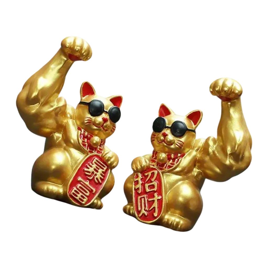 Einzigartige Harze Glückskatzen Skulptur mit muskulösen Armdesigns zur Anziehung von Reichtum und Glück Figurine Ornament
