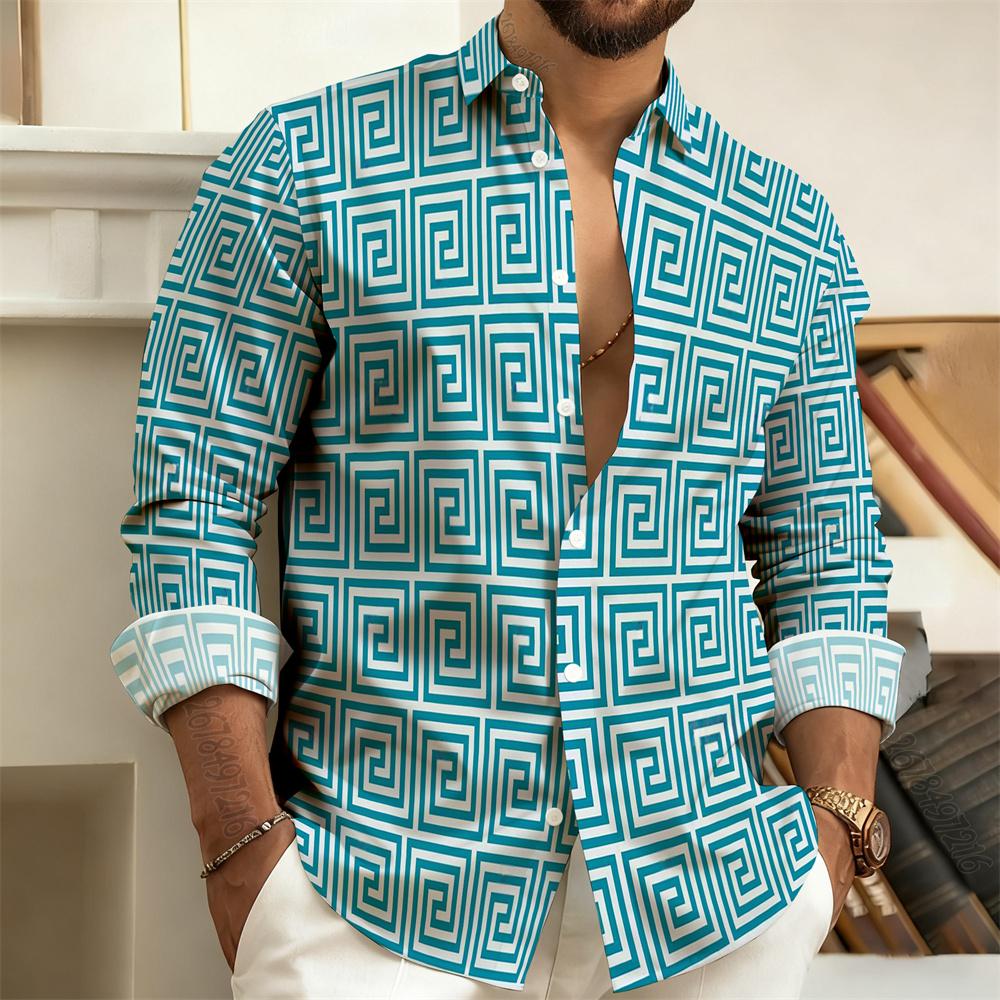 Men's Lapel Long-Sleeved Shirt with Printed Greek Key Pattern, Stylish, Handsome, Vintage, and Comfortable Men's Top.