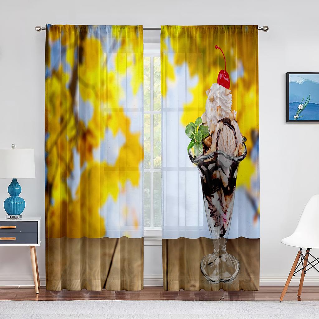 Gałka Lodów Słodki Zimny Kremowy Deser Przezroczyste Woalowe Zasłony do Salonu Sypialni Tiulowe Zasłony Panel Okienny Kuchenny Draperie