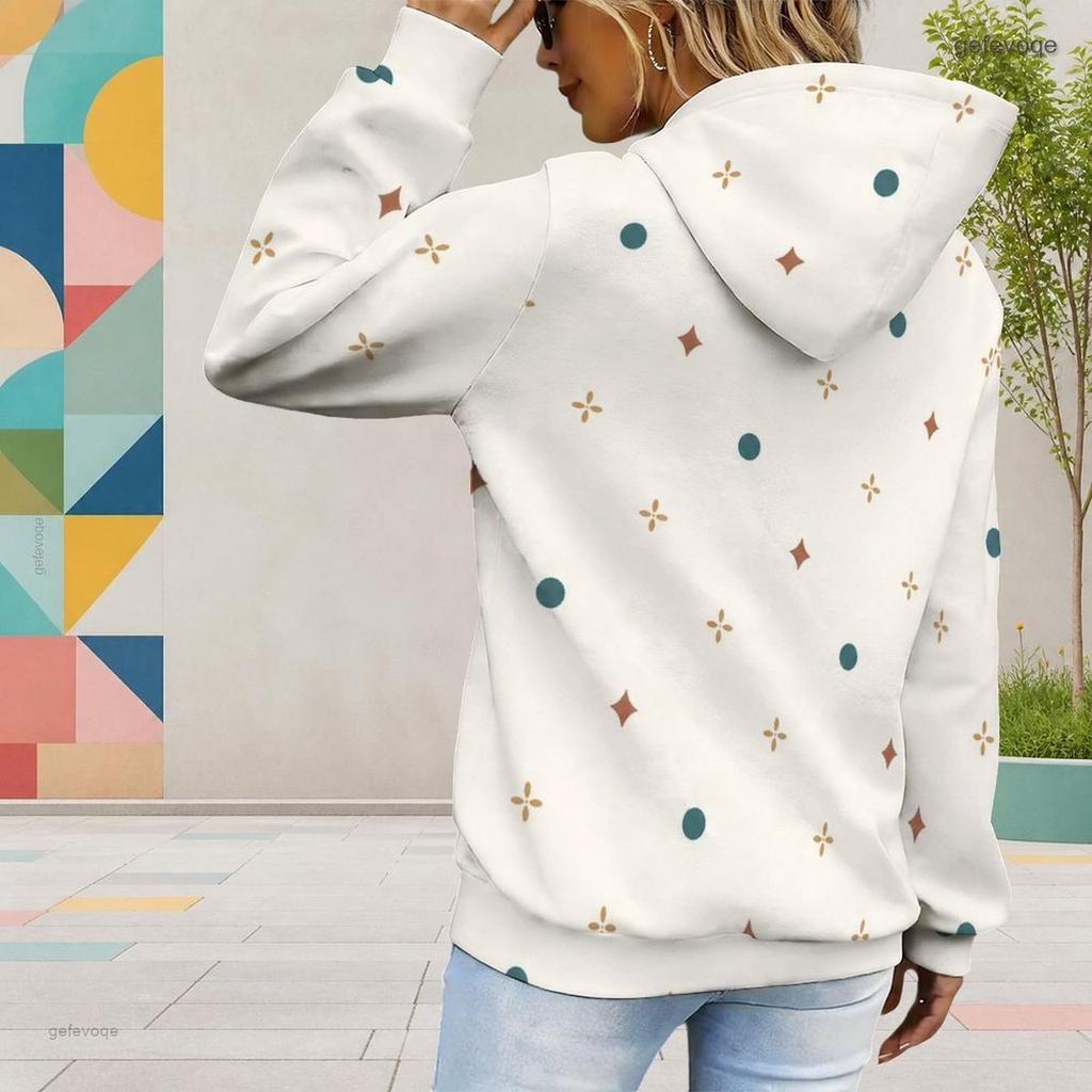 Women Plus Size Off White Printed Long Sleeve Drawstring Hoodie With Kangaroo Pocket