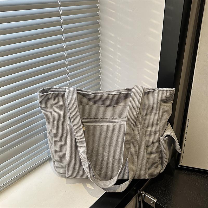 Simple Solid Color Corduroy Shoulder Bags for Women Large Capacity Multi-Pocket Ladies Tote Bag Casual Portable Female Handbags