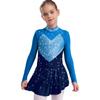 Jenter Skøytekjoler Dansedrakter Mock Neck Langermet Fargeblokk Gjennomsiktig Mesh Patchwork Skinnende Rhinestones Kjole