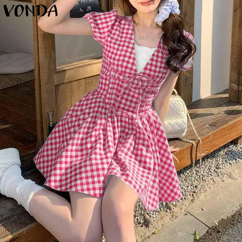 VONDA Women Patchwork Lace V Neck Puff Sleeve Plaid Print Casual Ruffled Dress