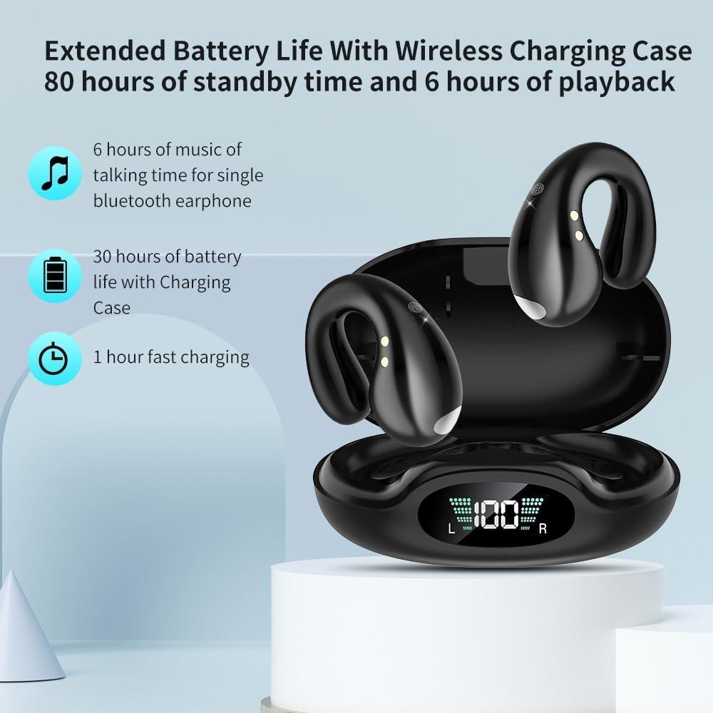Open Ear Bone Conduction Headphones Wireless Bluetooth 5.4 Sports Clip On Earbuds 40 Hour Digital Display Charging Case Waterproof Running Earphones