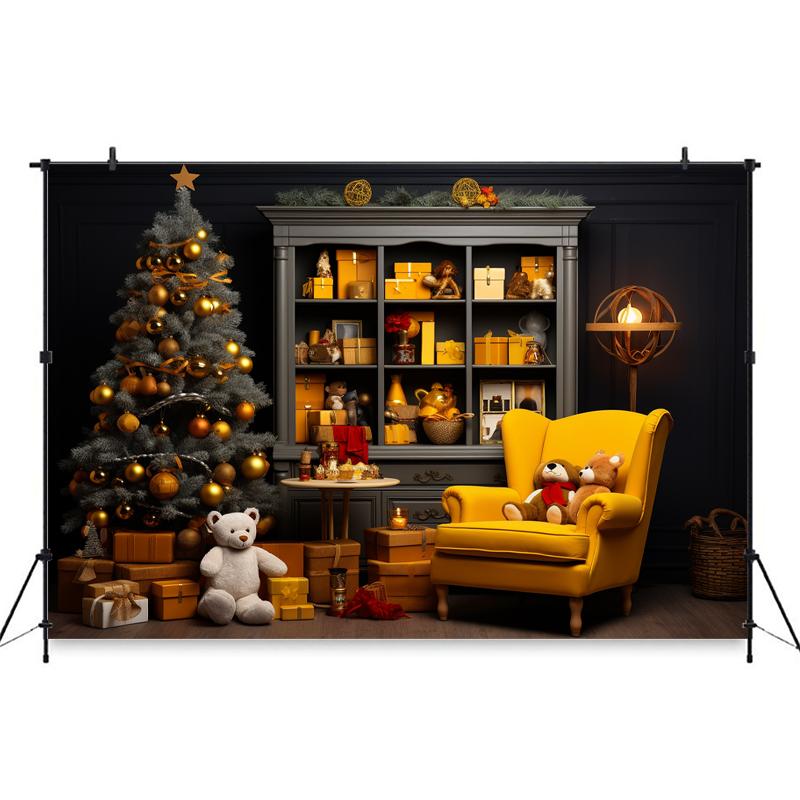 Mocsicka Indoor Christmas Home Photography Backdrop Child Birthday Photo Background Xmas Tree Bear Gifts Sofa Party Decor Banner
