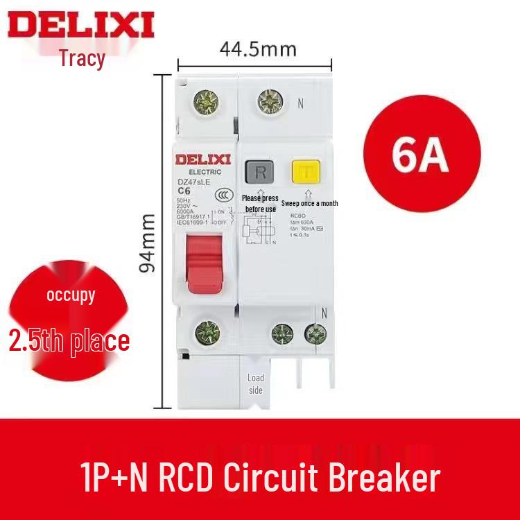 Delixi DZ47SLE 1P+N Residual Current Circuit Breaker with Leakage Protection, Type C, Single-Phase 220V.