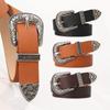 Womens PU Leather Belt With Engraved Alloy Pin Buckle Vintage Style Waistband Jeans Casual Office