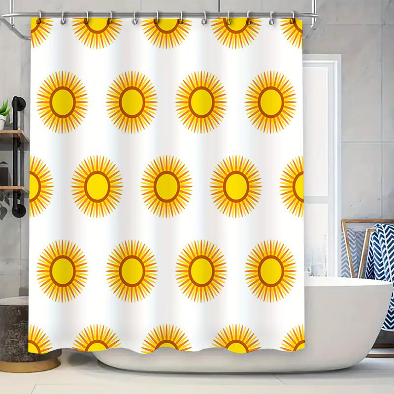 Sunburst Shower Curtain Sun Print Bath Decor with Hooks Set for Bathroom Decoration, Waterproof Fabric in Yellow and Orange (Whi 90x180cm