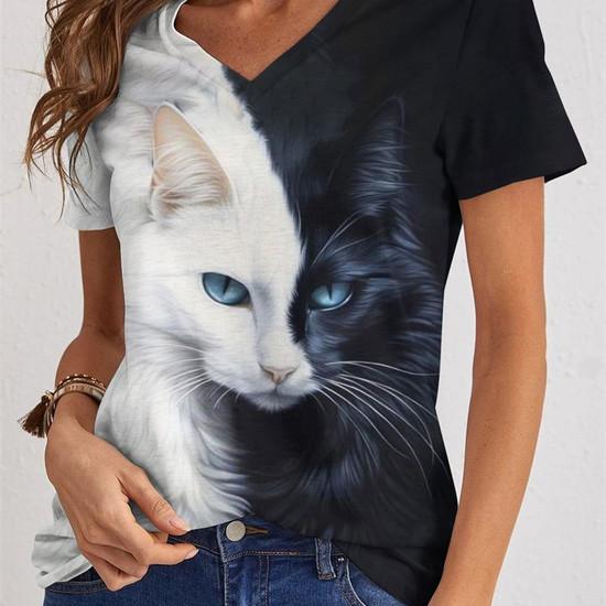 Cute Kitten T-Shirts Cat 3D Print Summer Women's Casual Short Sleeve V-Neck T Shirt Top Y2k Harajuku Tees Female Street Clothing
