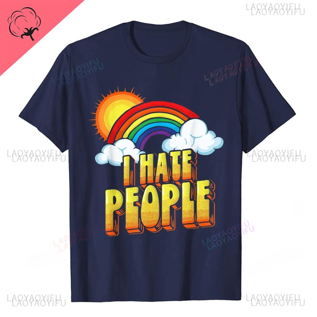I Hate People Funny Antisocial Vintage Rainbow TShirt Streetwear Men Print Tops Tees Prevailing Printed Mens Oneck T Shirt