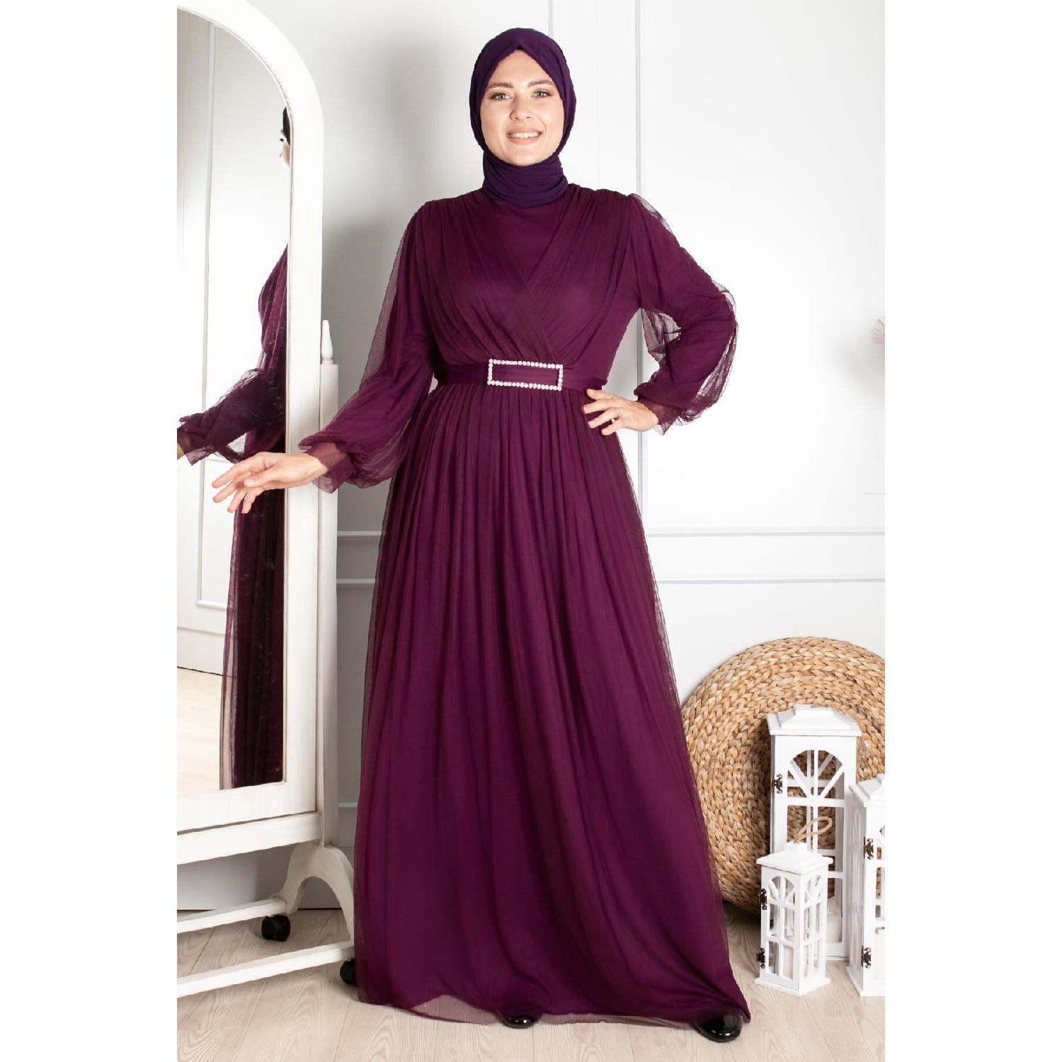 

Belt Detailed Tulle Evening Dress Plum Fhm777 40 сливовий