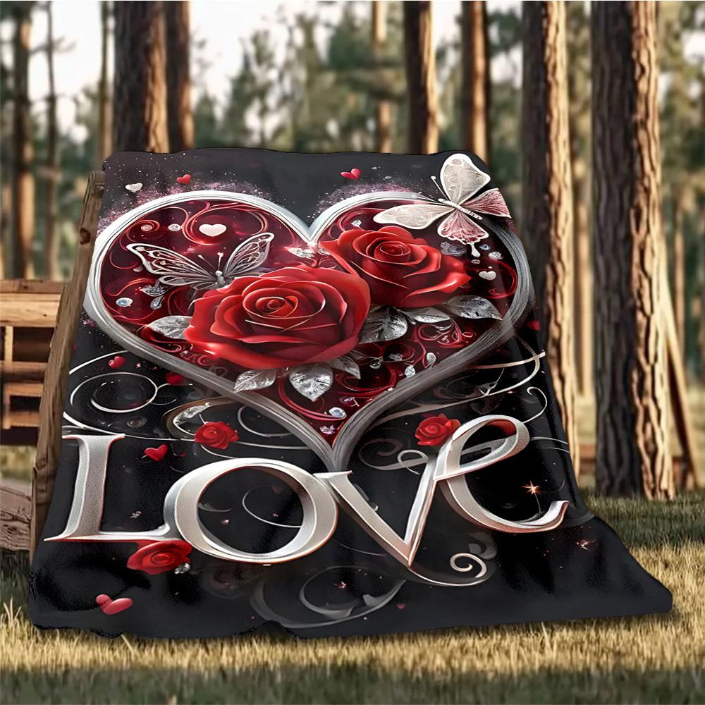 1pc Heart Roses Love Throw Blanket Polyester Fiber, Lightweight Flannel, Soft & Warm, All Season Use for Outdoor, Camping