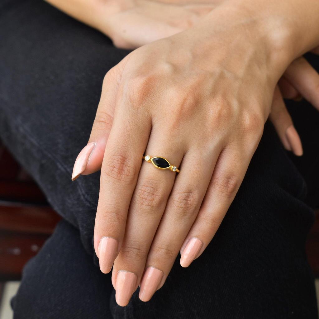 Genuine Onyx Ring Evil Eye Inspired Dainty Ring 14K Gold Vermeil Ring Onyx Handmade Ring for Her Onyx Ring for Daily Wear Unique Ring