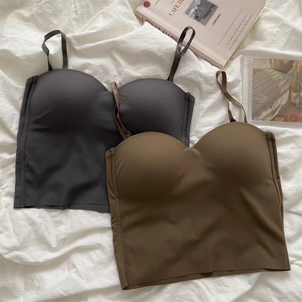 Top tomara que caia feminino lingerie com suspensório colete integrado sutiã peça externa franzido linda parte de trás sem marcas top de seda gelo almofada de peito fixa
