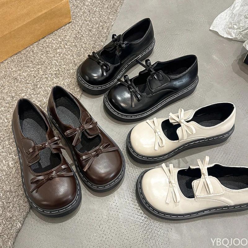 Sapatos de salto alto com laço francês Sapatos de couro de sola grossa para senhoras 2025 Sapatos Mary Jane estilo britânico Bico redondo cor sólida scarpins femininos