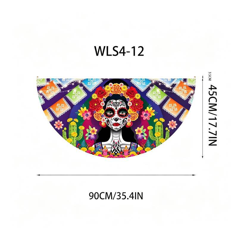 Watercolor Marigold Skeleton Day Of The Dead Fan Flag For Mexican Festival Party Decor
