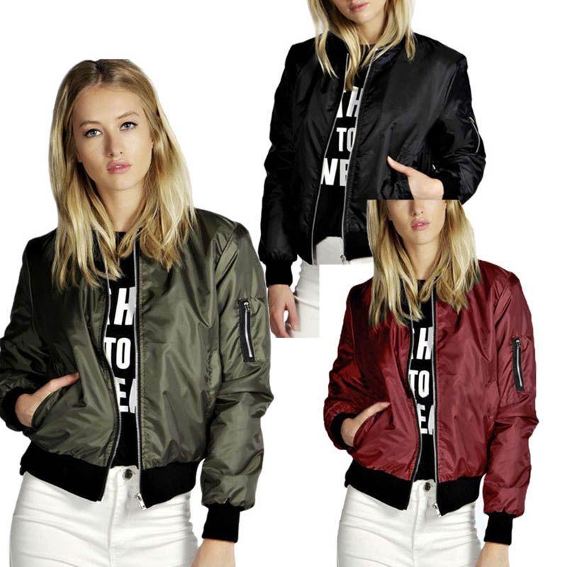 Stylish Womens Classic Padded Bomber Jacket Vintage Zip Biker Coat Long Sleeves
