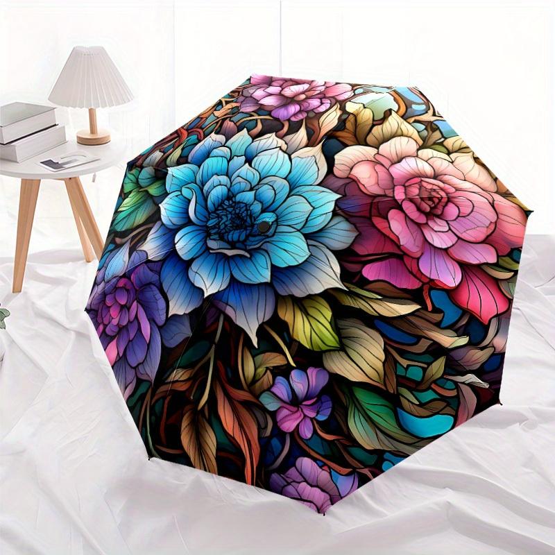 

Automatic Open/Close Umbrella with Floral pattern - Elegant Floral design in Blue, Pink, Purple, Green, Black, Brown, - Compac (as the picture,Iron&8K)