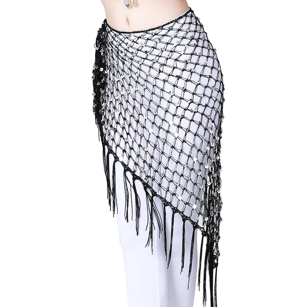 BellyDance Accessories for Women Long Tassel Belt Elastic Triangle of Hand Crochet Belly Dancing Hip Scarf Sequins Girls Belt