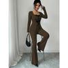 Two Piece Set Women Outfit New Spring Autumn Fashion Bow Decor Square Collar Long Sleeve Top & Casual Flare Pants Set