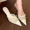 Women' High Heels Lace Thin Heels Sandals Bow-knot Outdoor Slippers Sexy Half Drag Women's Summer Elegant Medium Heel Shoes