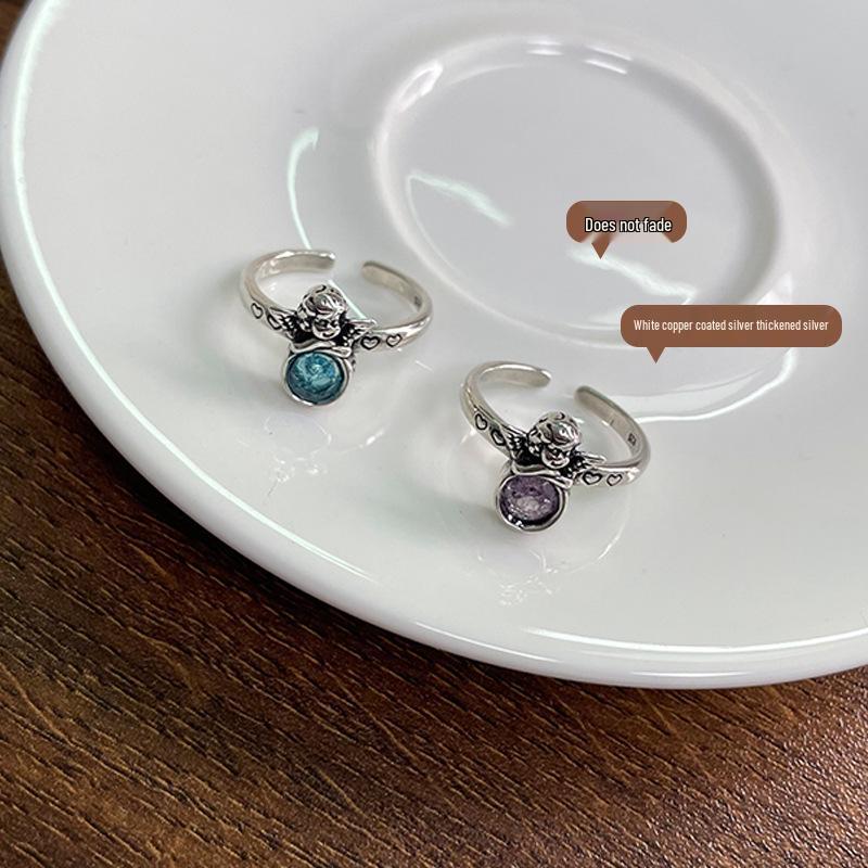 Lan Zhi Women's 925 Sterling Silver Angel Wings Open Ring - Niche Retro Design, Tarnish-Resistant.