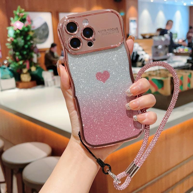 For iPhone 16 Pro Max Case with Strap Electroplating TPU Phone Cover Love Heart Gradient Glitter