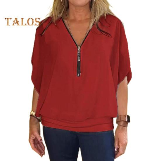 Naiste šifoonpluus V-kaelusega tõmblukk, poolpluus, varrukad, pullover, ühevärvilised vabaaja topid