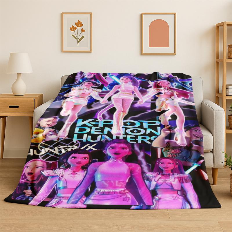 Kpop Demon Hunter Rumi Mira Zoey Cartoon Group Flannel Blanket Soft Warm Throw Blanket for Bedroom Living Room Bed Travel Gift