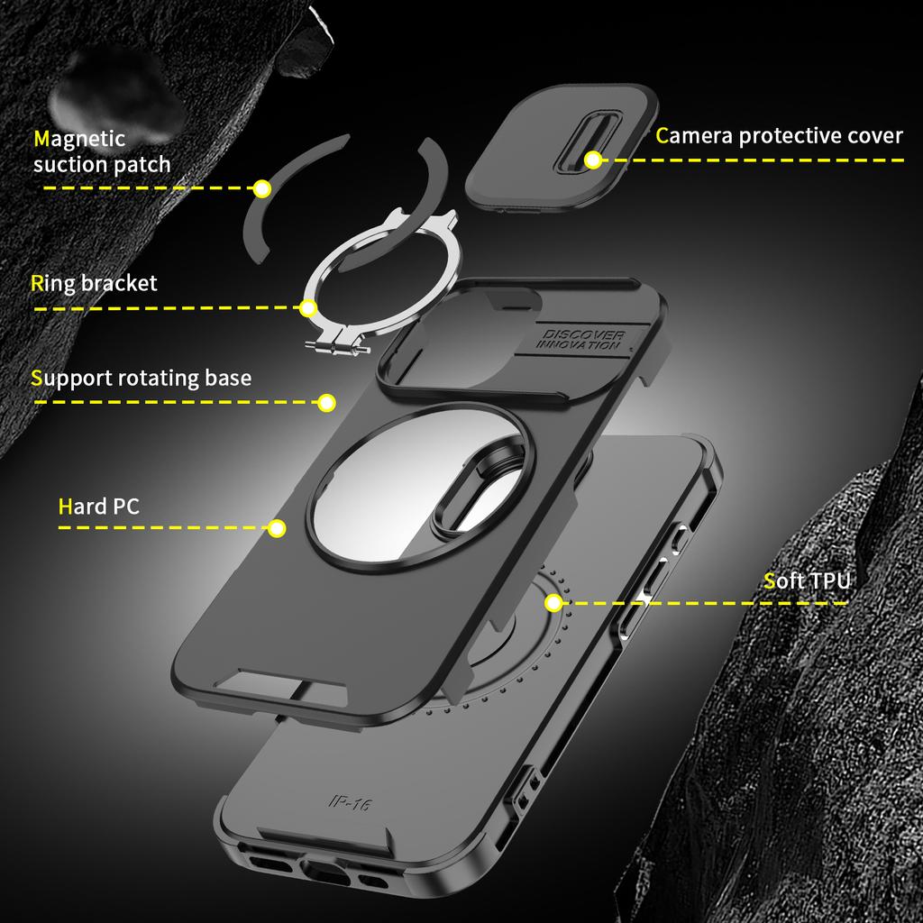 Suitable for iPhone 16 15 14 Plus 13 12 Pro Max 16E 360 Degree Rotating Magnetic Bracket With Camera Protection Phone Case