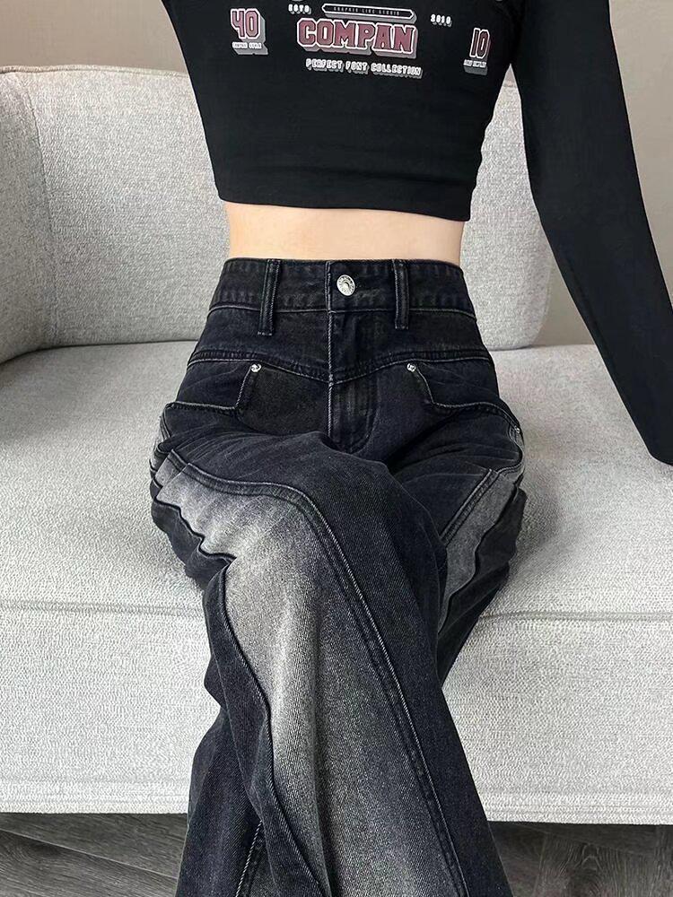 

2024 Spring/Autumn Women s Gradient Black High-Waisted Wide-Leg Jeans - Versatile, Slimming, Floor-Length Trousers Extra Large