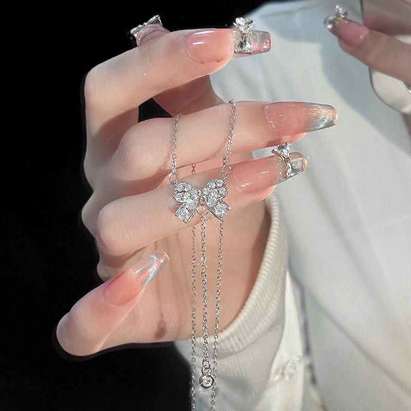 Original Bow Necklace Women's Light Luxury Temperament Ins Fringed Pendant Niche Sweet Girl Stainless Steel Collarbone Chain