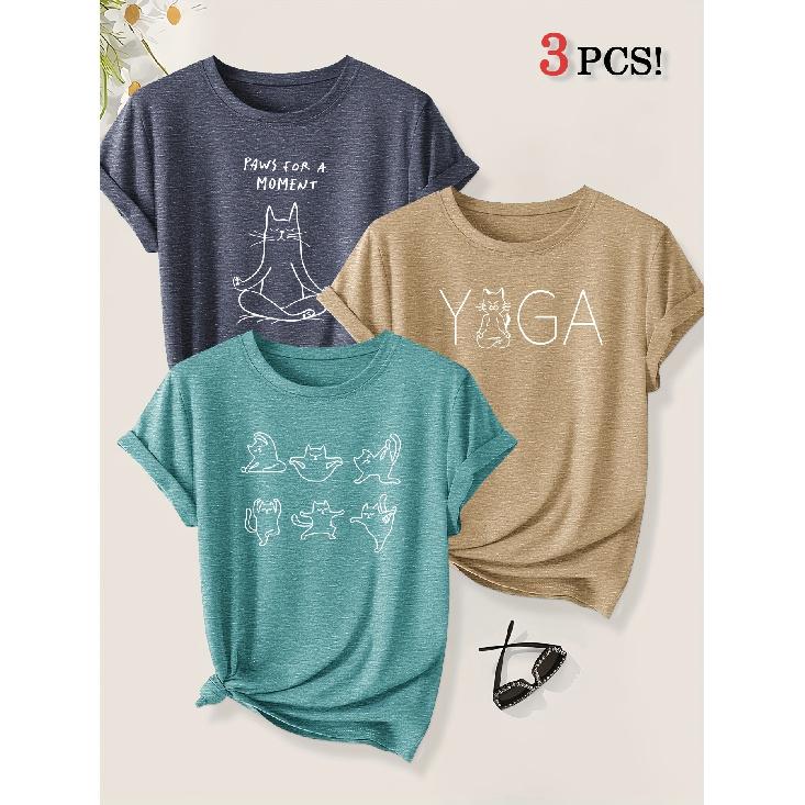 3 Pack Yoga Master Cat Fun Animal Print Women Loose Short Sleeve T Shirts Summer Autumn Leisure Fashion Tops