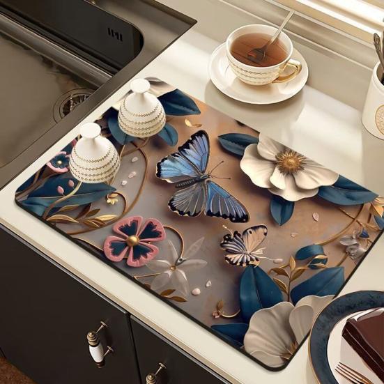 3D Flower Dish Mat Diatomaceous Earth Absorbent Dish Drying Mat Coaster Floral Placemat Insulation Mat for Kitchen Counter Dining Table