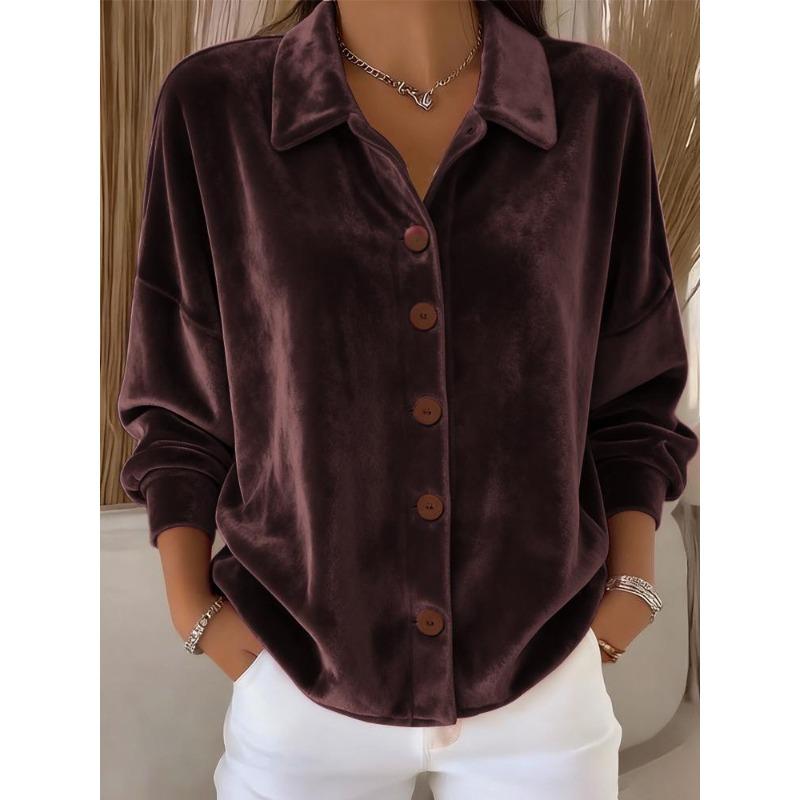 Women's Casual Long-Sleeve Shirt-Collar Cardigan, Velvet, Multi-Color Women's Top Shirt