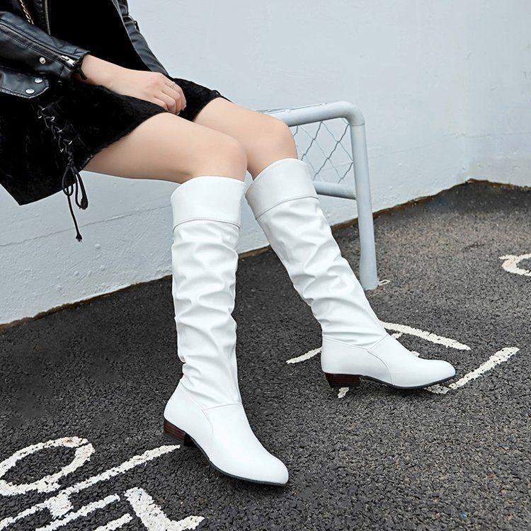 Damen Ritterstiefel Niedriger Absatz Grober Absatz Hohe Stiefel Plissierte Überstiefel Fleece Lange Stiefel Dicke Sohle Hoher Schaft