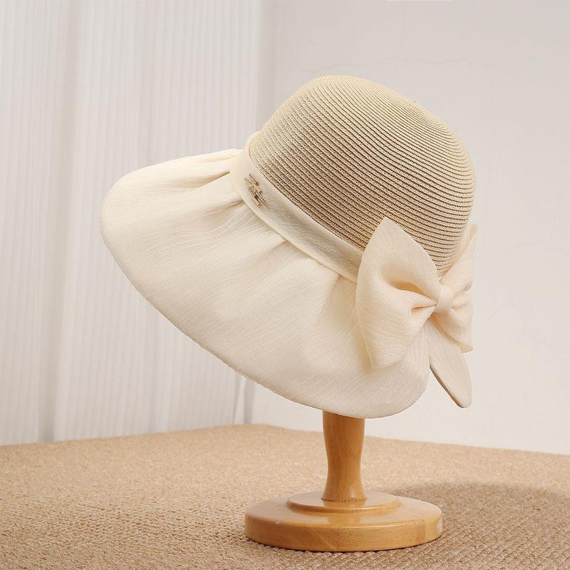 Hepburn style organza bow straw hat women's beach hat French retro big-brimmed bucket hat foldable sun hat