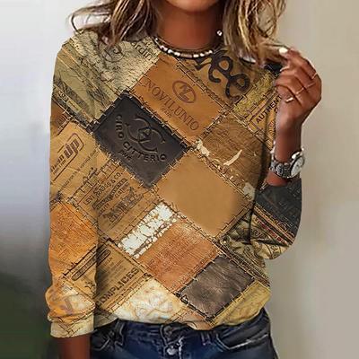 Lattice Cloth Stamps Print 2024 New Long Sleeves T-shirts Fashion Women's Tees Tops Autumn Trend Cotton Women Clothing Pullover