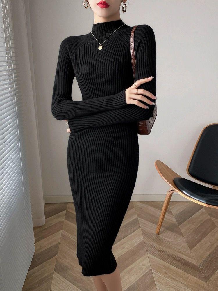 Women Mock Neck Solid Slim Sweater Dress Long Sleeve Knit Sexy Bodycon Dress Basic Casual Dress for Women Autumn Winter
