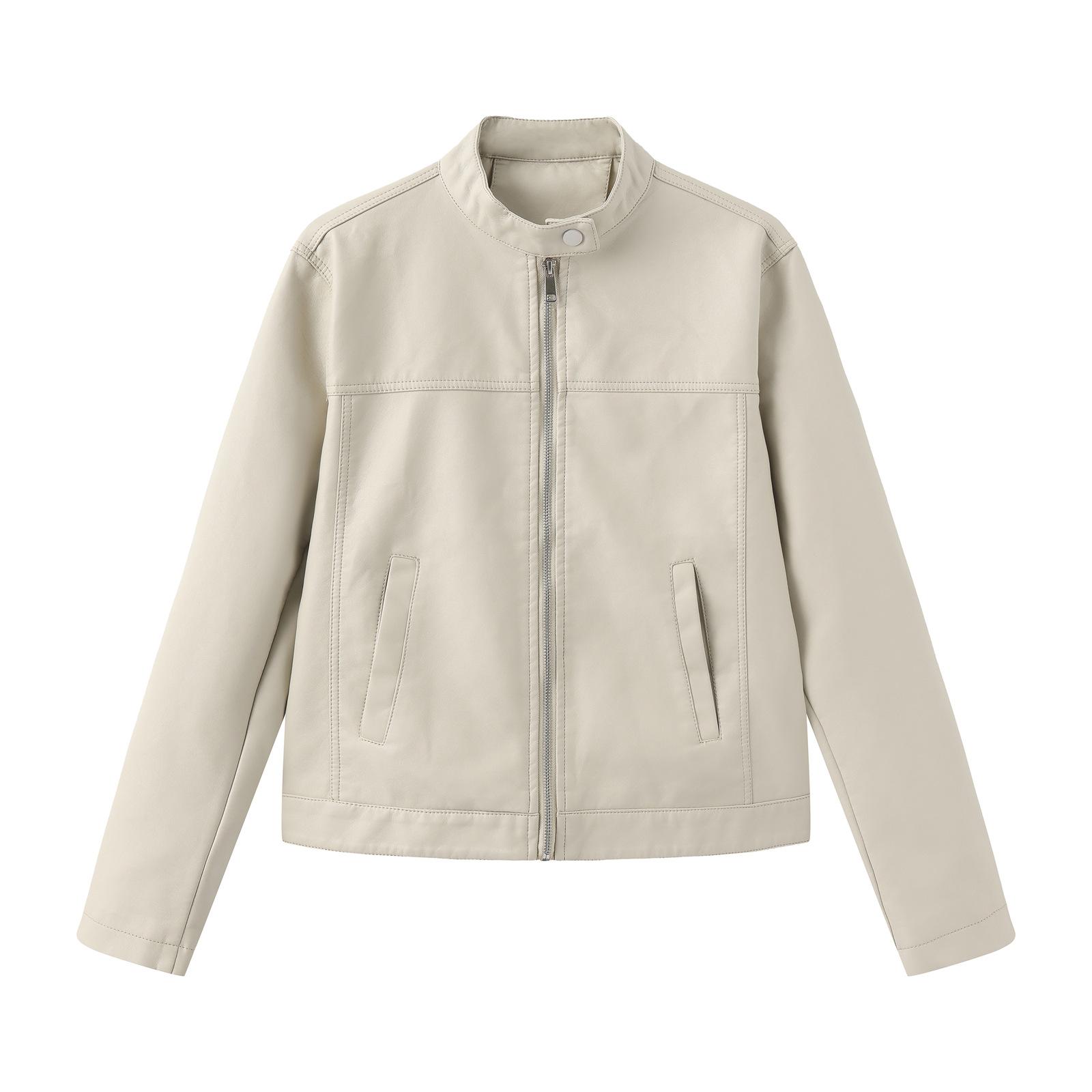 

Женская повседневная однотонная куртка с воротником-стойкой, длинными рукавами и карманом на молнии, куртка-мотокостюм, кожаная куртка L бежевый