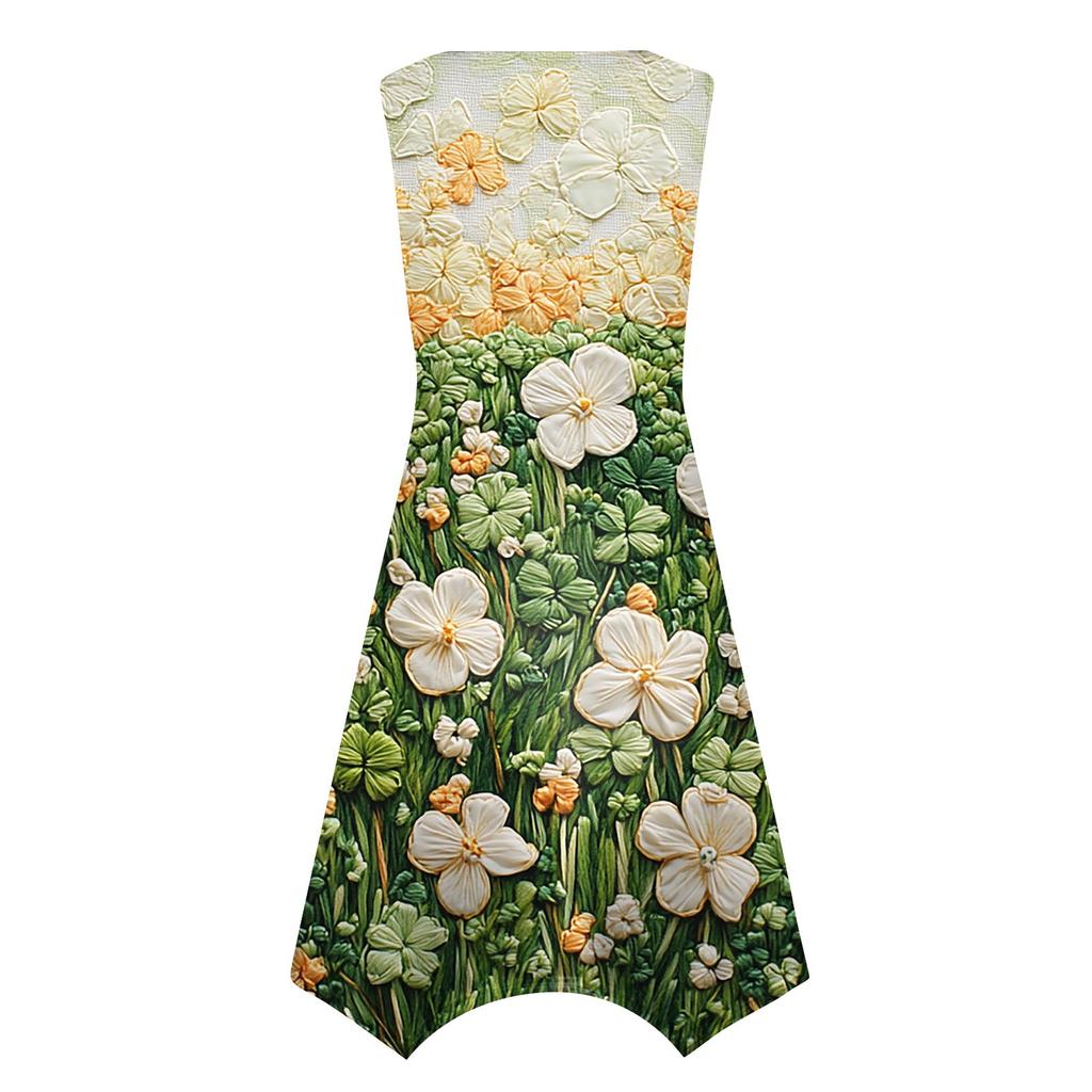 Women's Casual Fashion Round Neck Sleeveless Floral Print Irregular Hem Midi Dress