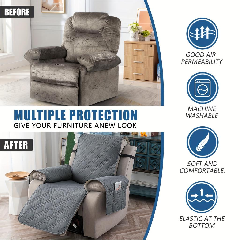 Waterproof Recliner Cover, Non-slip Recliner Cover with Pockets, Pet Scratch-proof Sofa Cover, Washable Furniture Protective Film, Easy To Install