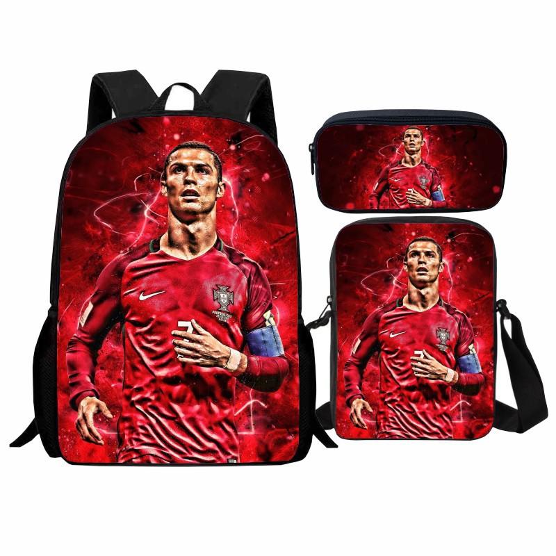 Printed Football Star Student Schoolbag Three-piece Set, Casual Cr7 Backpack, Messenger Bag, Pencil Bag, Men and Women