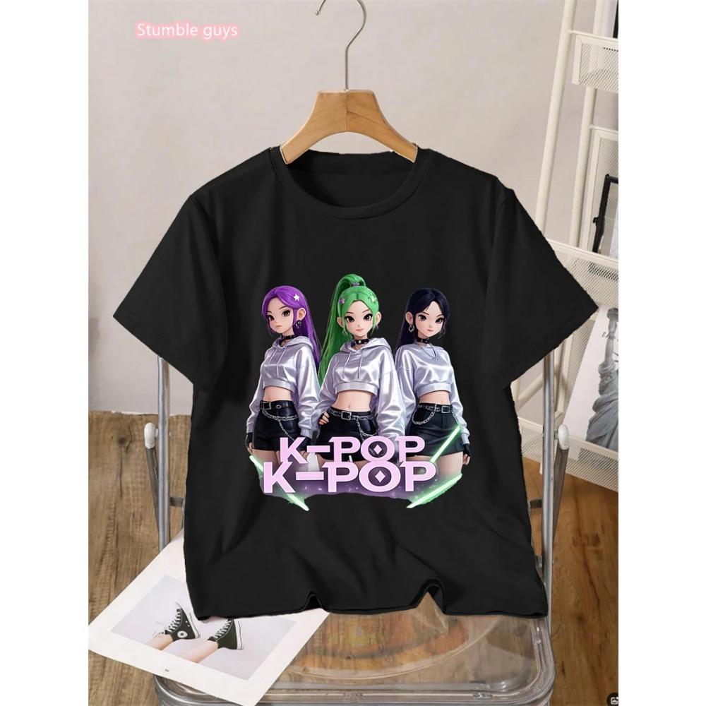 Summer Casual Kids Kpop T-Shirt Cute Anime Print Short Sleeve Anime Clothes Soft Cartton Tee Tops For Girls Daily Outdoor Wear