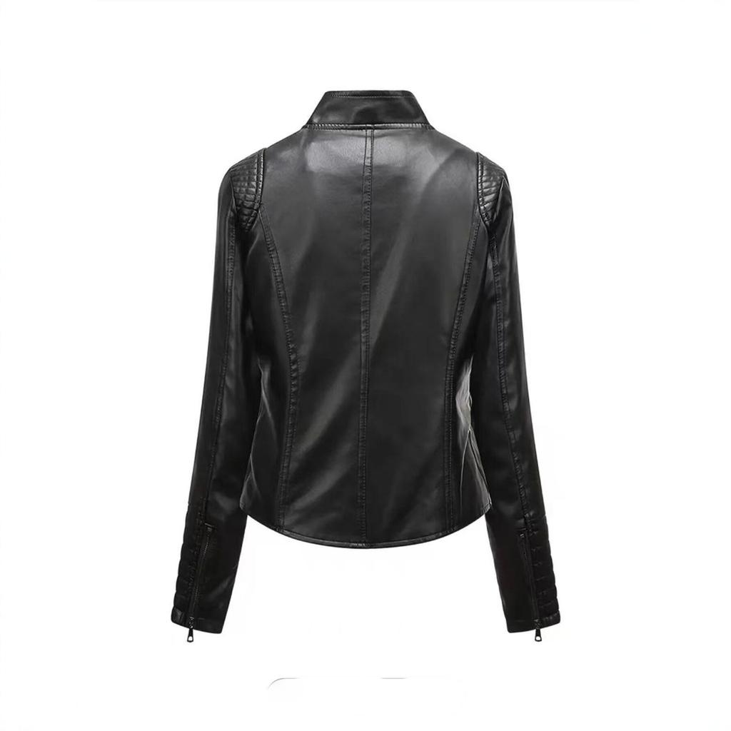 Cross-border European and American style slim-fit short PU leather jacket women's locomotive jacket stand-up collar zipper fashion versatile spring a